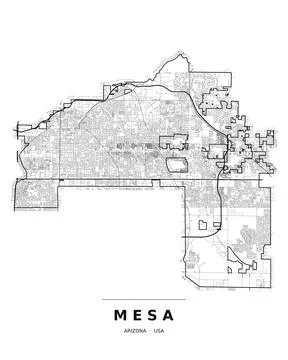 Mesa AZ Street Map Road Network Highways Black White Editable Vector Stock Illustration
