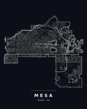 Mesa AZ Street Map Road Network Highways Dark Mode Editable Vector Stock Illustration