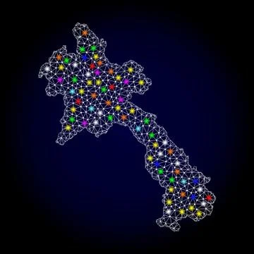 Mesh 2D Map of Laos with Colorful Light Spots Stockillustratie