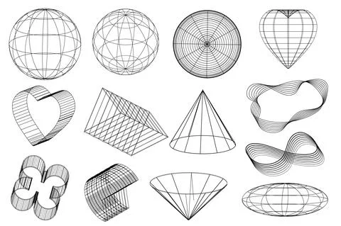 Mesh abstract shapes with globe in minimal style set. Futuristic elements and Stock Illustration