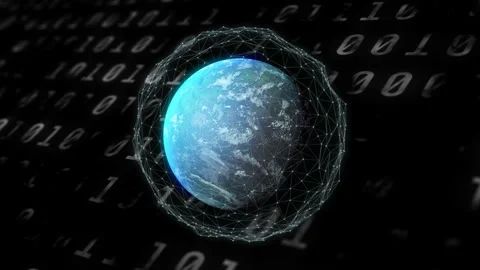 Mesh activating around blue-green globe, rotating while nodes pulsing Stock Footage 334768451