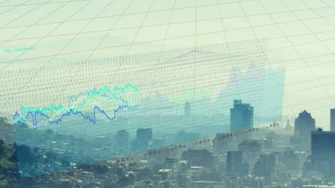 Mesh and colored traces originating from hillside plotting urban tech data, Vídeos de archivo 333104536