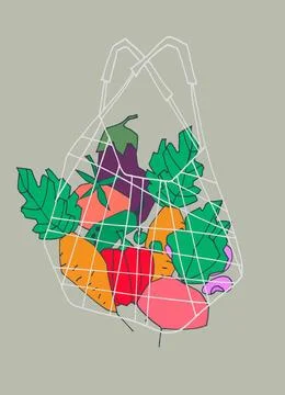 A mesh bag with vegetables. Printed image for decorating a store, market, or  Stock Illustration