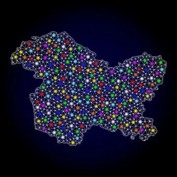 Mesh Carcass Map of Jammu and Kashmir State with Bright Light Spots Stock Illustration