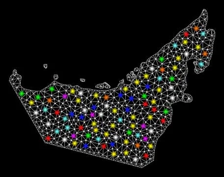 Mesh Carcass Map of United Arab Emirates with Bright Light Spots Stock Illustration