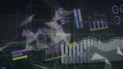 Mesh drifting from left, central 3D bars rising with labels, dashboard Stock Footage 335211915