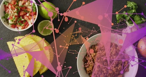 Mesh fading in flatlay taco ingredients, nodes intensifying, shapes shifting, Stock Footage 320506610