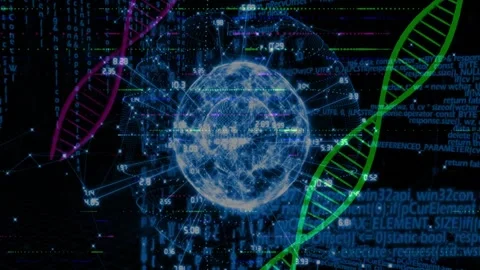 Mesh globe receiving live data feed, pulsing, extending links toward DNA Stock Footage 330379401