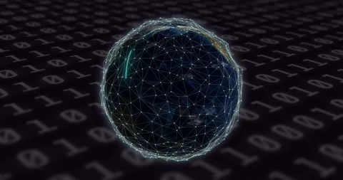 Mesh globe rotating cyan triangle forming near N Africa sending sweeping trails Stock Footage 334463225