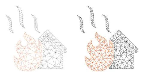 Mesh House Fire Icon Variants in Polygonal Wire Frame Vector Style Stock Illustration
