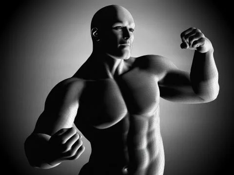 Mesh model of strong man posing and exposing his musculas body, muscles Stock Illustration