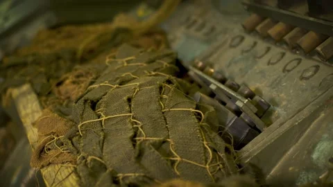 Mesh Netting over Hull of Sherman Tank - Old Color Grade Stock Footage 325350914