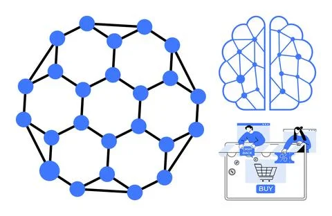 Mesh network of connected nodes, brain illustration connected to e-commerce i イラスト素材