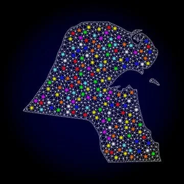 Mesh Network Map of Kuwait with Bright Light Spots Illustrazione stock