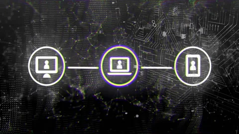 Mesh opening trio icons chaining desktop laptop phone locking while background Stock Footage 311126314
