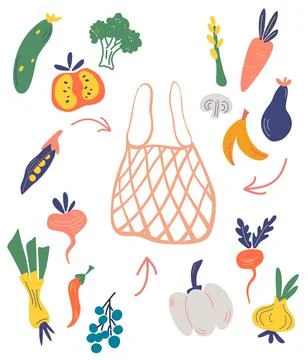 Mesh or net bag with vegetables and fruits. Constructor. Assemble it yourself Stock Illustration