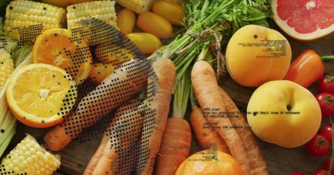 Mesh overlay appearing, camera panning carrots with tied greens on wooden board Foto stock