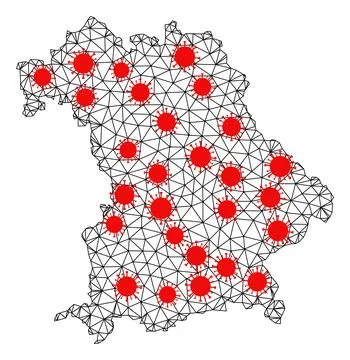Mesh Polygonal Map of Bavaria State with Red Infectious Elements Illustrazione stock