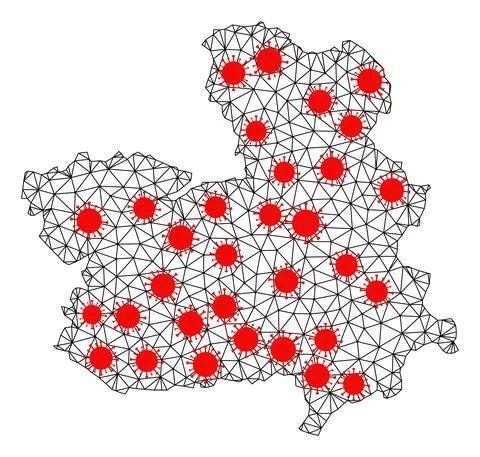 Mesh Polygonal Map of Castile-La Mancha Province with Red Infection Nodes Illustrazione stock