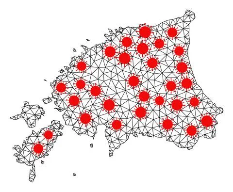 Mesh Polygonal Map of Estonia with Red Infectious Elements Illustrazione stock