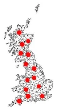 Mesh Polygonal Map of Great Britain with Red Virus Centers Иллюстрация