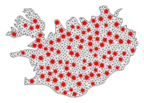 Mesh Polygonal Map of Iceland with Red Infectious Nodes Illustrazione stock