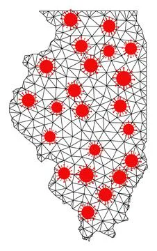 Mesh Polygonal Map of Illinois State with Red Coronavirus Elements イラスト素材