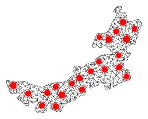Mesh Polygonal Map of Inner Mongolia with Red Infectious Nodes Stock Illustration