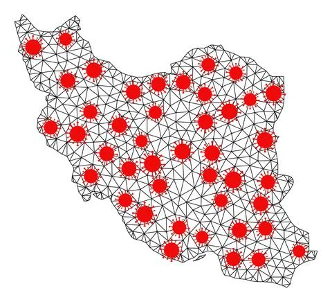 Mesh Polygonal Map of Iran with Red Infection Nodes Illustrazione stock