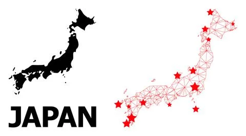 Mesh Polygonal Map of Japan with Red Stars Stock Illustration
