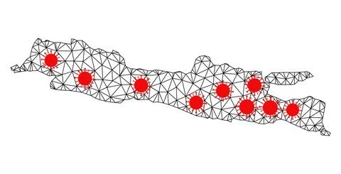 Mesh Polygonal Map of Java Island with Red Virus Nodes Stock-Illustration