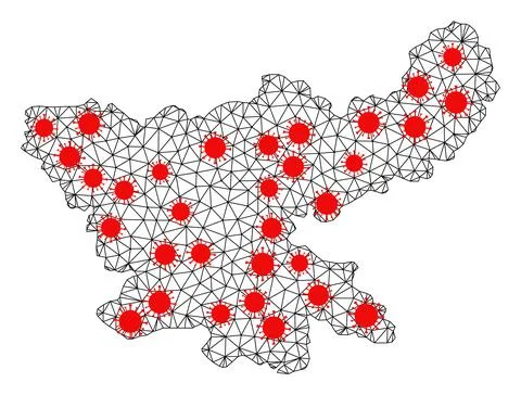 Mesh Polygonal Map of Jharkhand State with Red Covid Nodes Stock Illustration