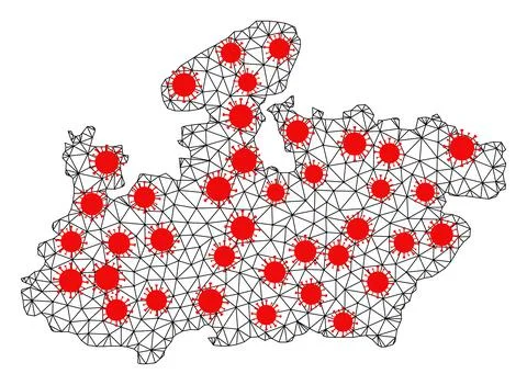 Mesh Polygonal Map of Madhya Pradesh State with Red Coronavirus Items Stock Illustration