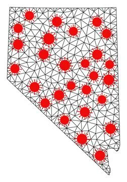Mesh Polygonal Map of Nevada State with Red Coronavirus Nodes Stock Illustration