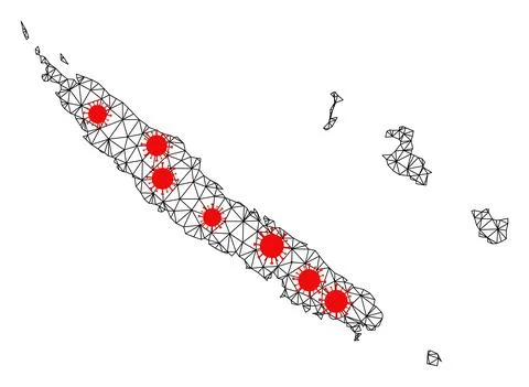 Mesh Polygonal Map of New Caledonia with Red Infectious Nodes Stock Illustration