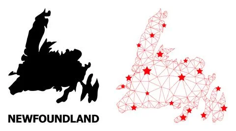 Mesh Polygonal Map of Newfoundland Island with Red Stars Illustrazione stock