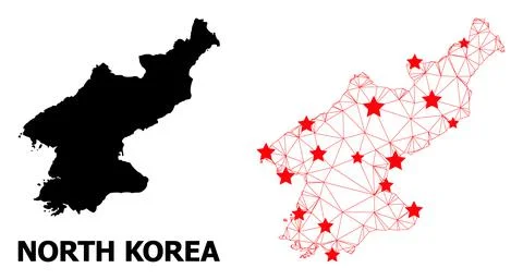 Mesh Polygonal Map of North Korea with Red Stars Illustrazione stock