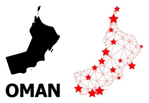 Mesh Polygonal Map of Oman with Red Stars Stock Illustration
