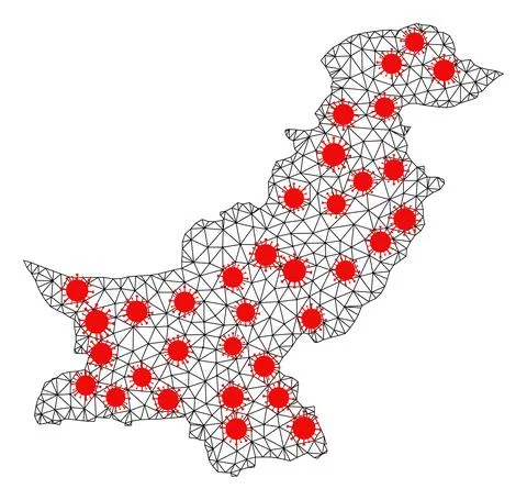 Mesh Polygonal Map of Pakistan with Red Infection Elements 스톡 일러스트