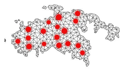Mesh Polygonal Map of Saint John Island with Red Infectious Elements 스톡 일러스트
