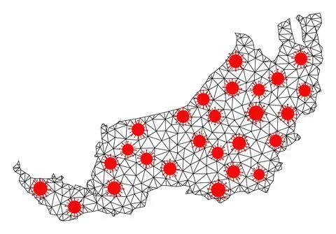 Mesh Polygonal Map of Sarawak with Red Infection Nodes Stock Illustration