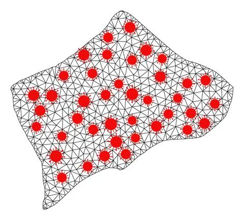 Mesh Polygonal Map of Small Inagua Island with Red Infectious Nodes Stock Illustration