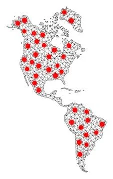 Mesh Polygonal Map of South and North America with Red Coronavirus Elements 스톡 일러스트