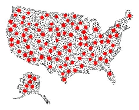 Mesh Polygonal Map of USA and Alaska with Red Infectious Nodes Stock Illustration