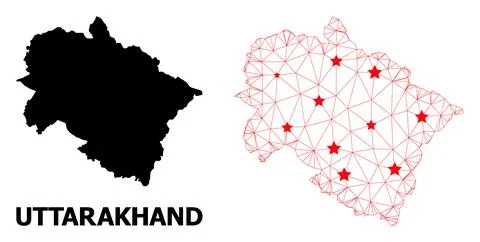Mesh Polygonal Map of Uttarakhand State with Red Stars Stock Illustration