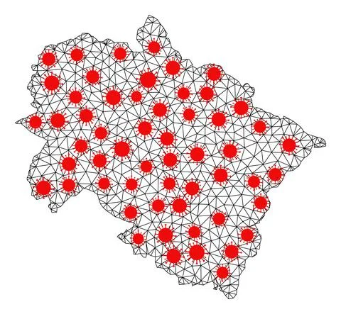 Mesh Polygonal Map of Uttarakhand State with Red Infectious Nodes Stock Illustration