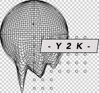 Mesh sphere is melting in vector art with skewed Y2K banner, circle grid on Stock Illustration