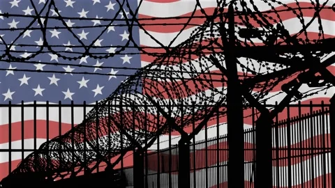 Mesh Steel and Barbed Wire with and USA Flag in Background Stock Footage 145963899