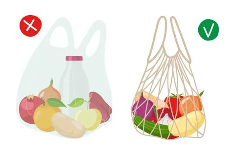 Mesh string or plastic bags flat vector illustration. Two shopping bags filled Stock Illustration