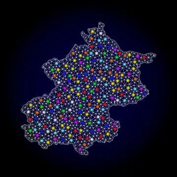 Mesh Wire Frame Map of Beijing Municipality with Colorful Light Spots Stock Illustration